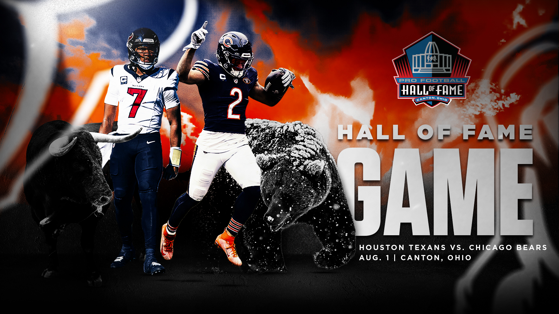 The Chicago Bears will take on the Houston Texans in the 2024 Hall of Fame Game at 8 p.m. ET Thursday, Aug. 1, during Enshrinement Week in Canton, Ohio.