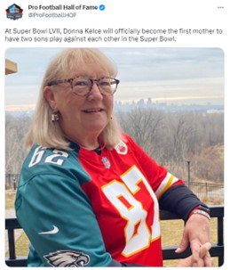 When the Kansas City Chiefs and Philadelphia Eagles advanced to Super Bowl LVII, there was a much deeper meaning to the game for Donna Kelce, who is shown in this tweet.