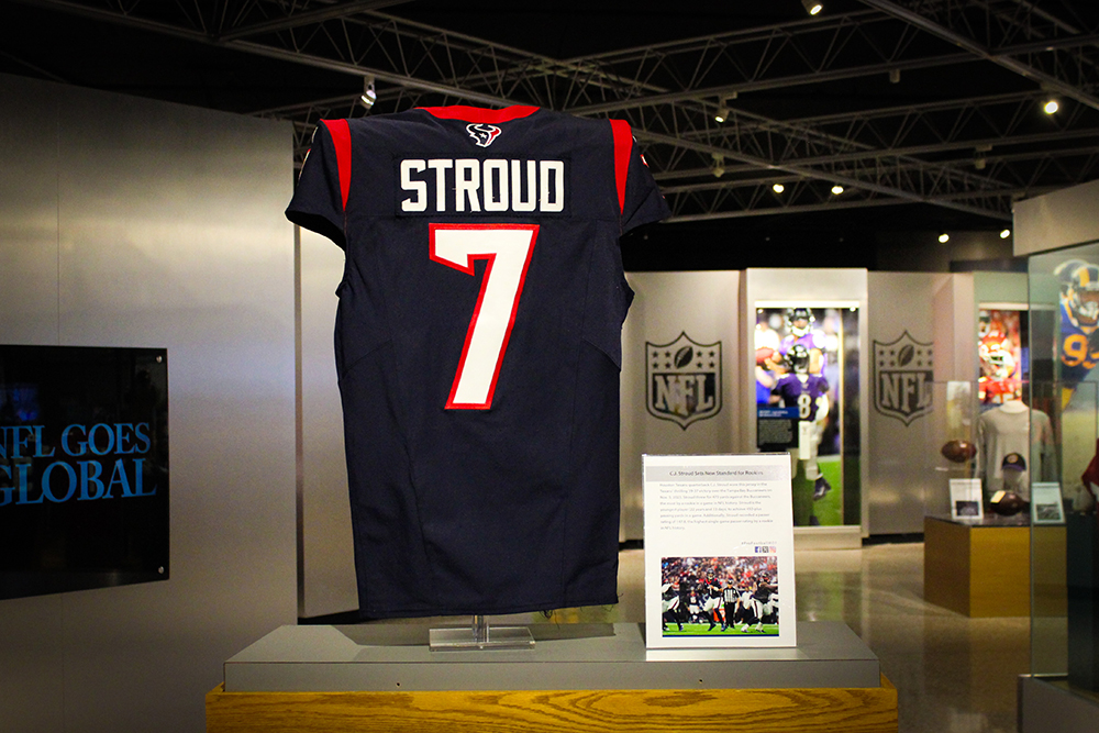 The game-worn jersey from Houston Texans rookie quarterback C.J. Stroud’s historic performance from Week 9 is on display at the Hall of Fame.