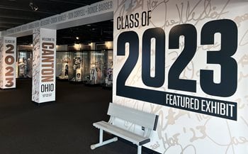 Pro Football Hall of Fame Class of 2023 lockers exhibit.