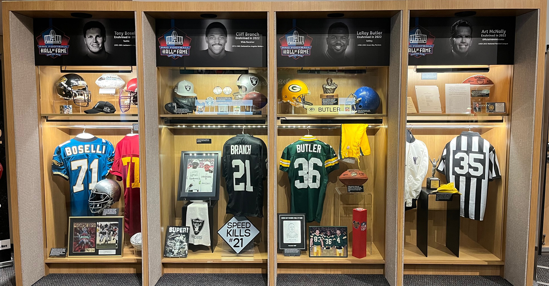 Artifacts from the Pro Football Hall of Fame’s newest class of enshrinees are on display in the latest iteration of the Hall’s “Class Locker Exhibit.”