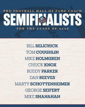 Nine individuals in the Coach category have moved one step closer to election for the Pro Football Hall of Fame’s Class of 2026 presented by Visual Edge IT.