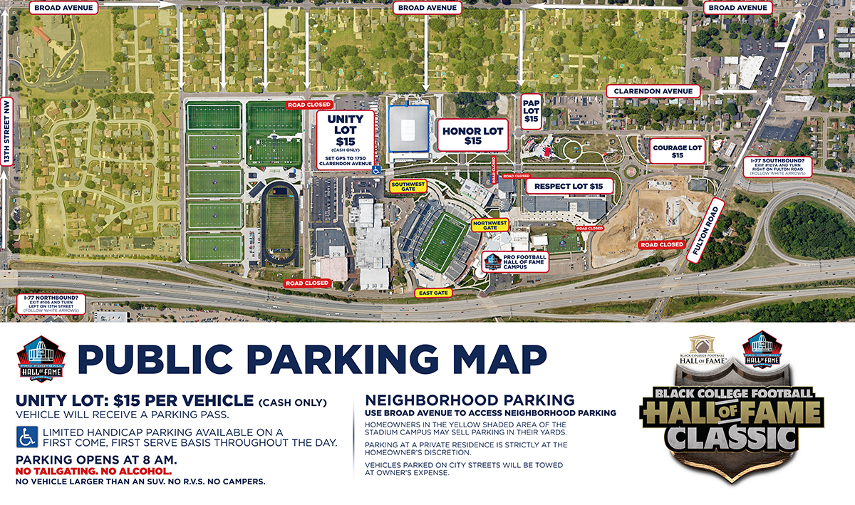 Pro Football Hall of Fame parking information for Sept. 3, 2023.