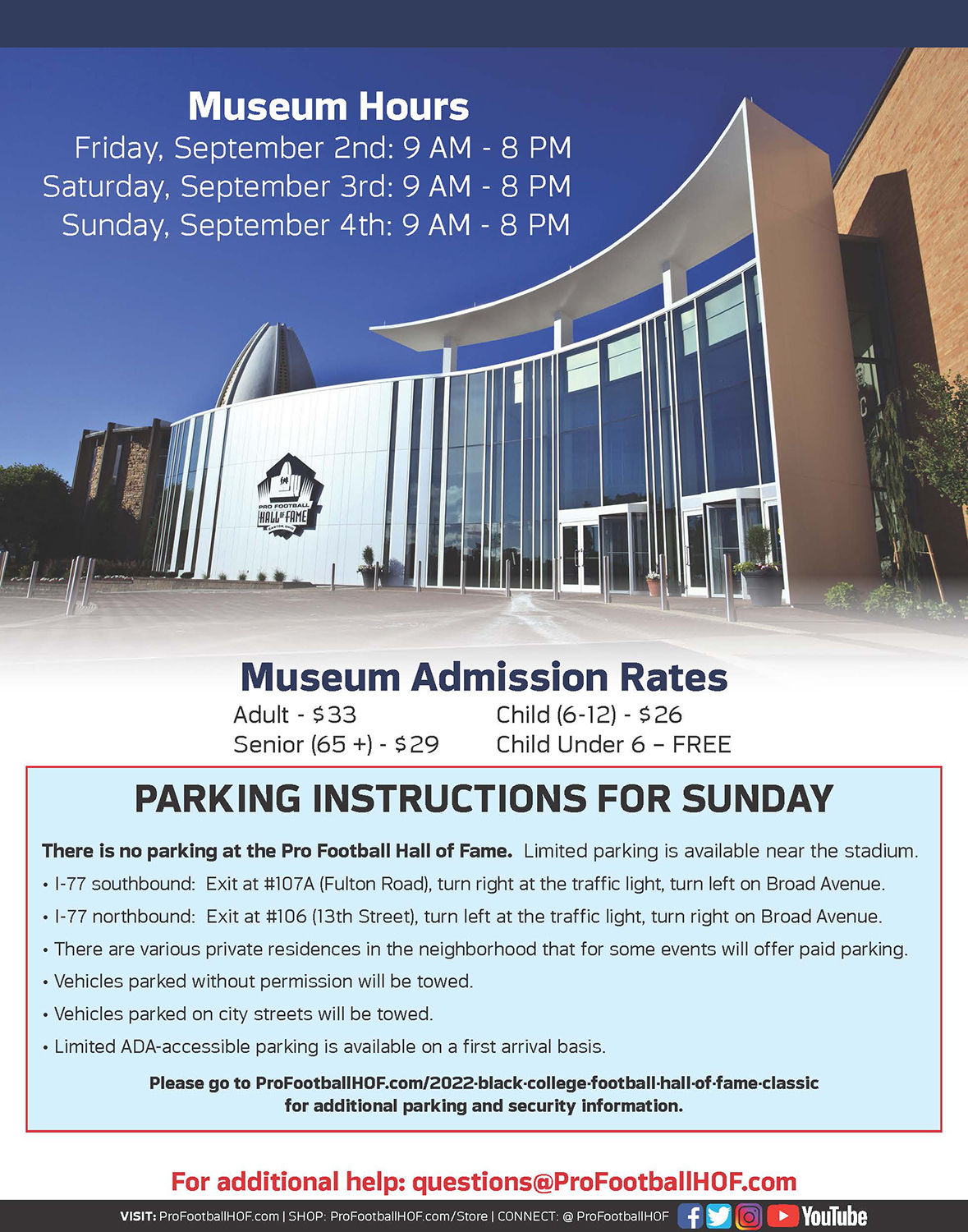 Pro Football Hall of Fame hours, rates and parking information