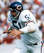 Pro Football Hall of Famer Dick Butkus wearing number 51 for the Chicago Bears playing linebacker