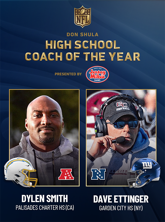 Palisades Charter High School’s Dylen Smith (California) and Garden City High School’s Dave Ettinger (New York) are recipients of the 2025 NFL Don Shula High School Coach of the Year Award.