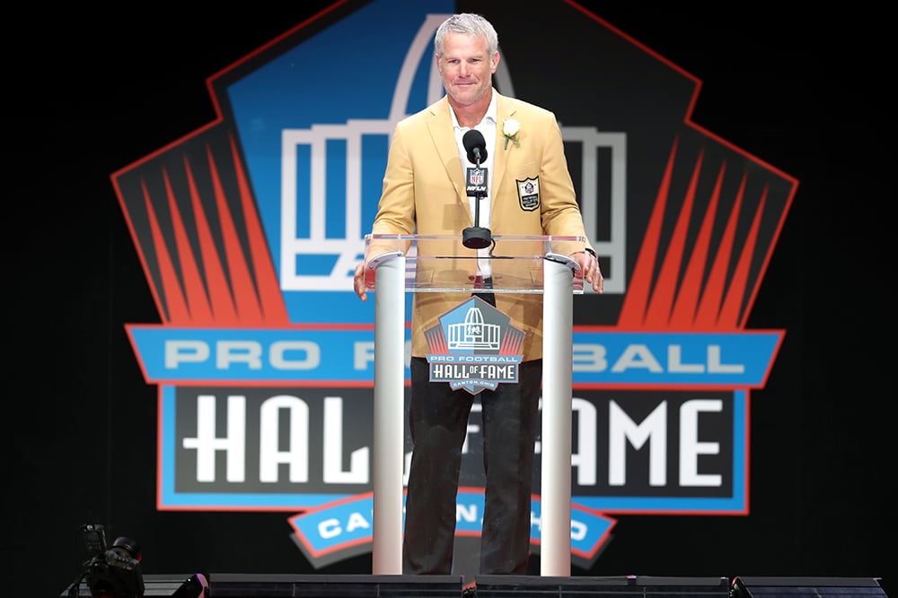 Brett Favre is shown giving his Enshrinement speech.