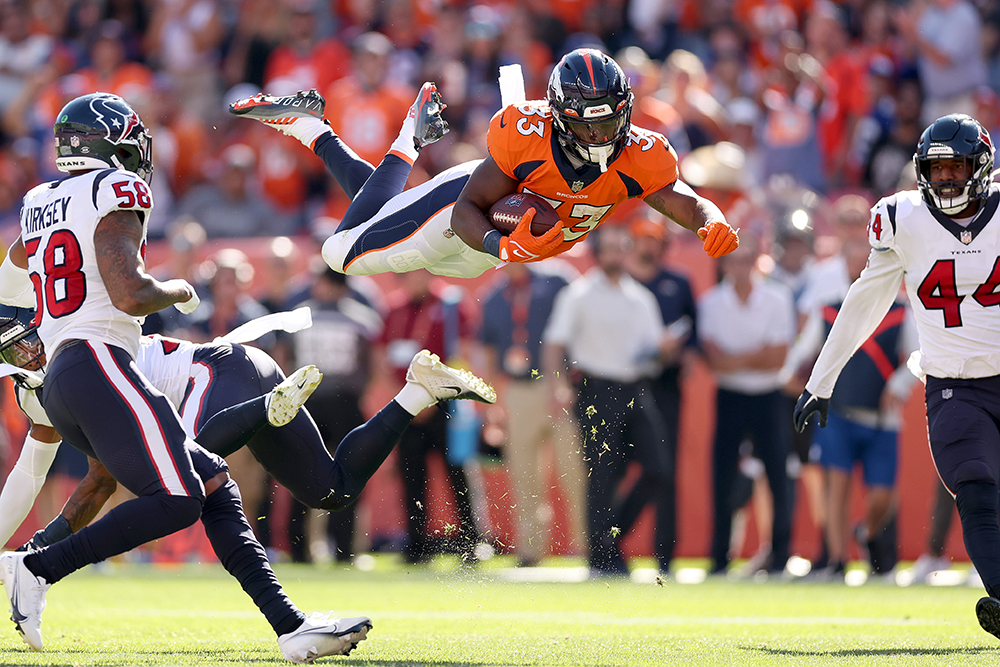 Honorable Mention, Action – Photo by Matthew Stockman, Getty Images, “Bucked Bronco,” Houston Texans at Denver Broncos, Sept. 18, 2022.