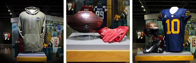 Seattle Seahawks head coach Mike Macdonald’s Salute to Service hoodie, Arizona Cardinals tight end Trey McBride’s gloves and “1923 Classic” Packers uniform headline recent artifacts placed on display at the Pro Football Hall of Fame and Museum.