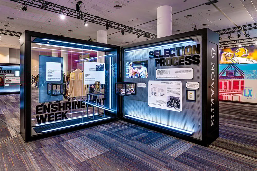 The Pro Football Hall of Fame display at the Super Bowl Experience.