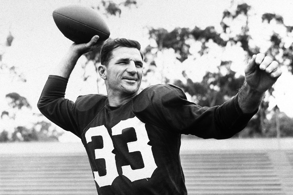 In 1943, Sammy Baugh led the league in pass completions (133), completion percentage (55.6%25), interceptions produced on defense (11) and punting average (45.9).