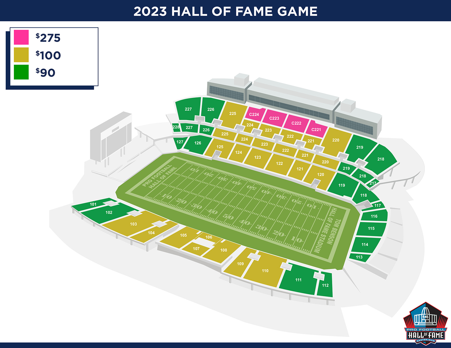 Pro Football Hall of Fame Game seating chart with prices.