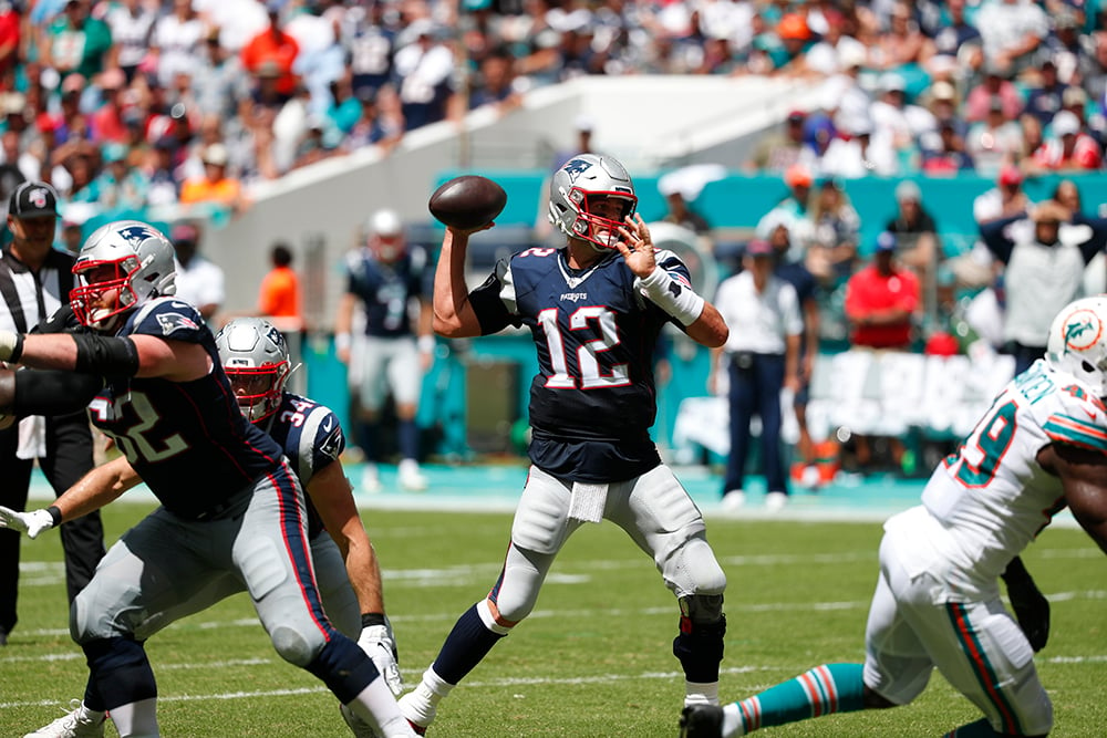 In Week 2 of the 2019 season, Tom Brady threw two touchdown passes in the New England Patriots’ 43-0 win over the Miami Dolphins.