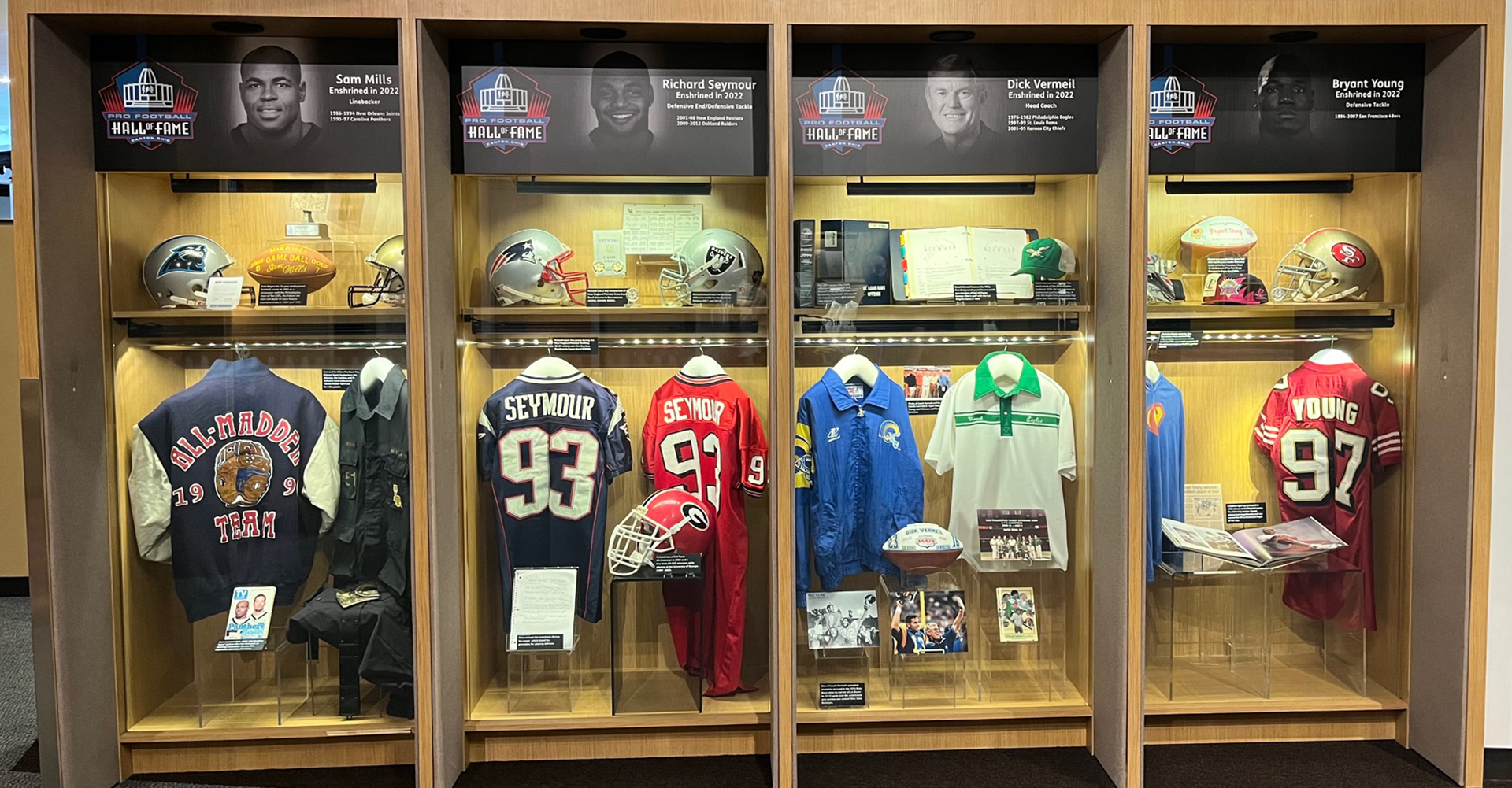 Artifacts from the Pro Football Hall of Fame’s newest class of enshrinees are on display in the latest iteration of the Hall’s “Class Locker Exhibit.”